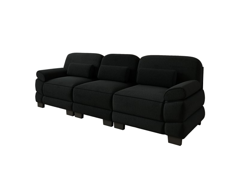  Canapé modulable 3 places 265x88,5x94 cm assise profonde, coussin lombaire, soutien confortable, velours côtelé noir  - Conforama A