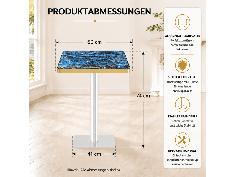 Table à manger carrée,60x60x74 cm,avec piètement métal,mdf,bleu effet marbre  - Conforama C