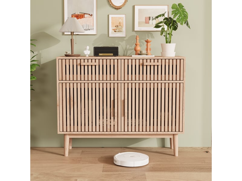 Buffet de rangement, conception de portes à lattes verticales, 2 portes et 2 tiroirs, style européen, bois clair - Conforama D