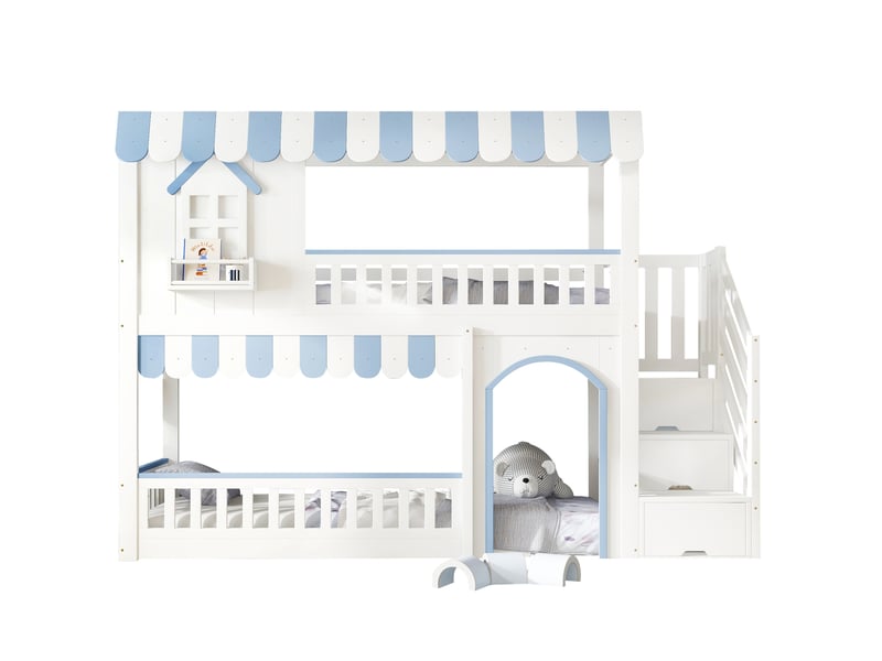  Lit superposé enfant blanc et bleu 90 x 200 cm avec escalier de rangement  - Conforama A
