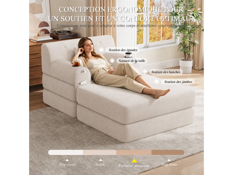 Canapé compressé convertible 1 place avec pouf, 4 poches et 2 porte-gobelets, en velours côtelé beige - Conforama D