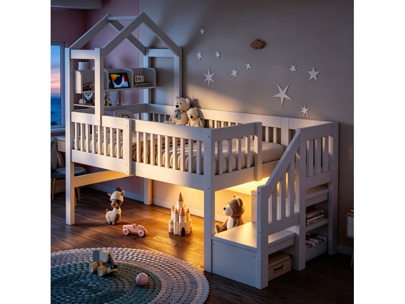 Lit mezzanine mi-hauteur enfant 90x200 cm avec rangements et éclairage led blanc - Conforama E