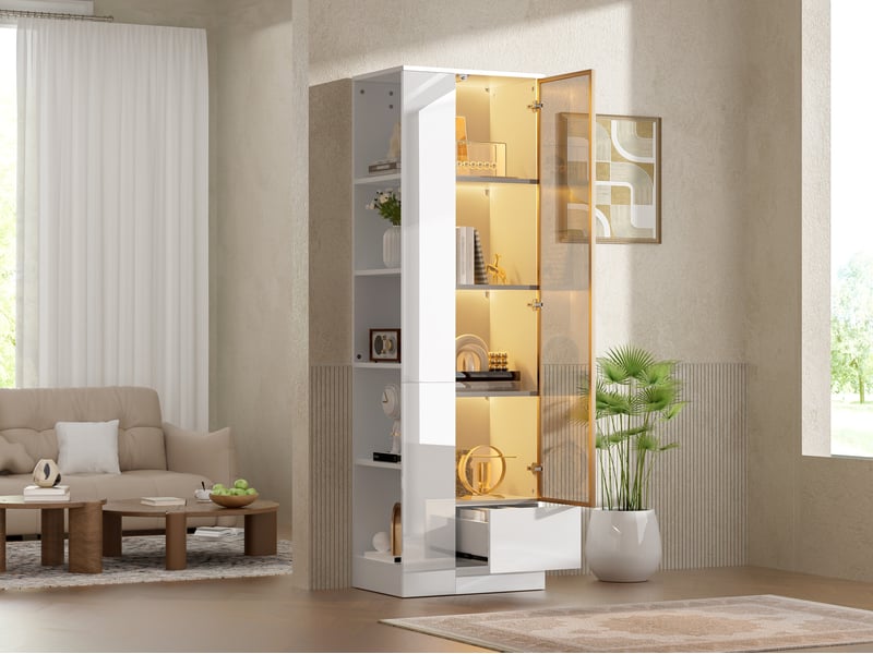  Vitrine avec porte vitrée, led dimmable, tiroir et niches ouvertes pour salon et salle à manger, blanc, 50 × 35 × 160 cm  - Conforama E