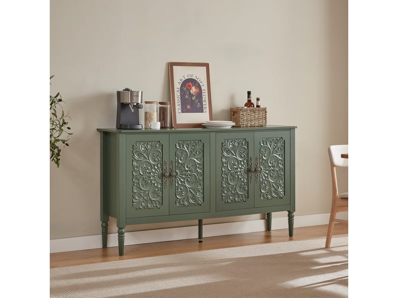  Buffet de rangement avec portes sculptées rétro, poignées métalliques et bords arrondis, pour salon, vert, 160 × 40 × 89 cm  - Conforama B