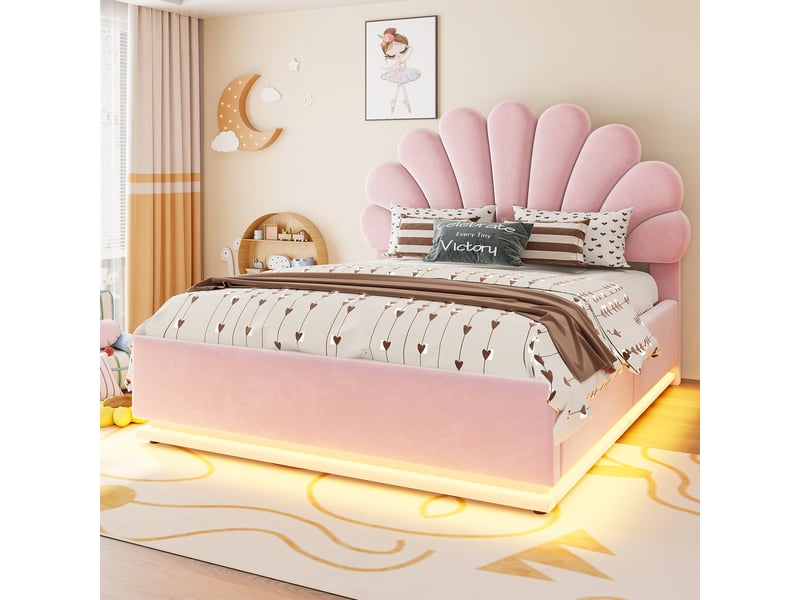 Lit coffre rembourré 140x200 cm coloris rose led velours - Conforama D