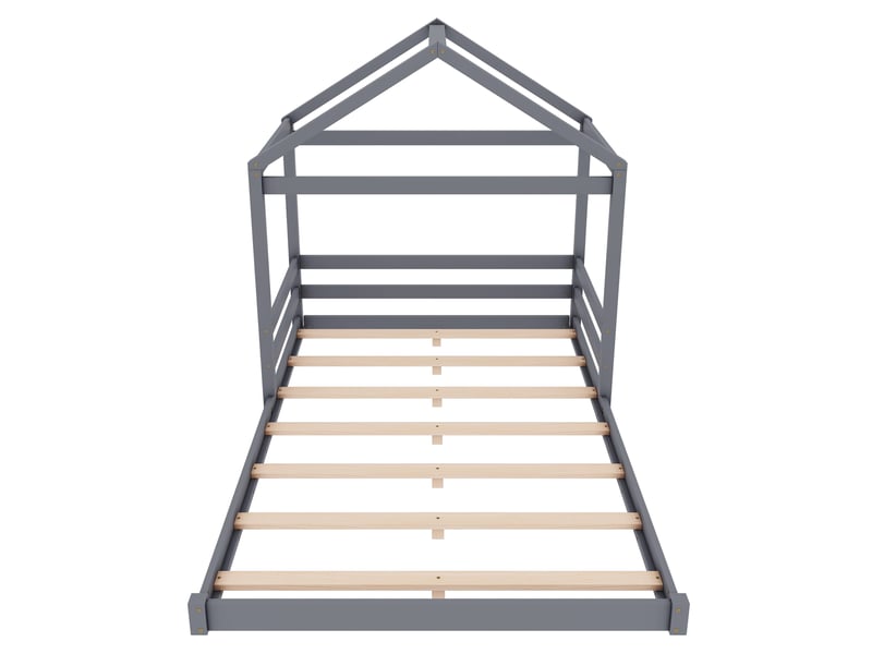  Lit cabane enfant 140x200 cm en pin gris, style minimaliste, forme maison, sommier à lattes  - Conforama A