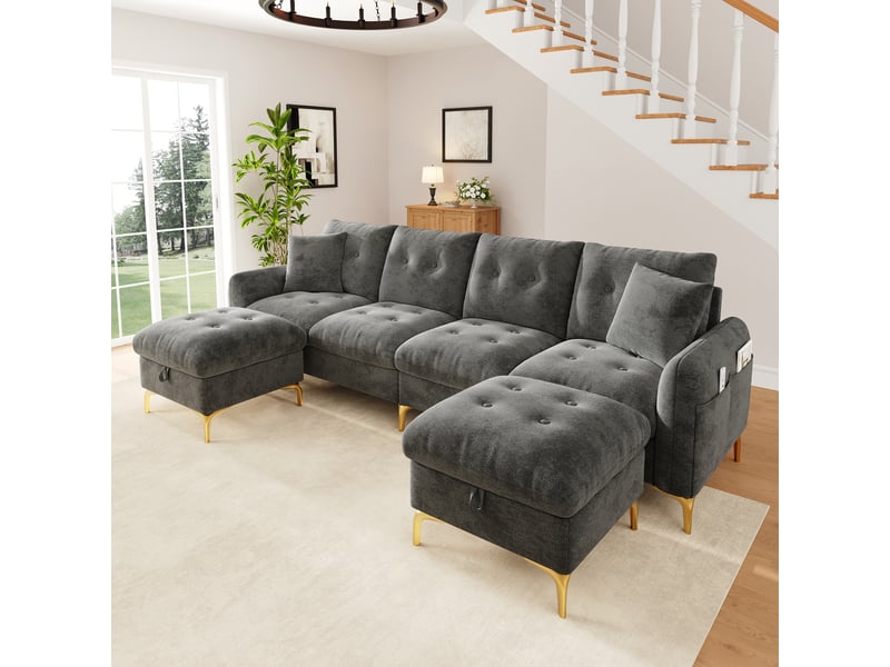 Canapé modulable 4 places 263x137x85 cm, configuration en u ou l, 2 poufs coffres, 2 coussins, chenille, poche latérale, gris OMNIGLINT TRADING LTD - Conforama D