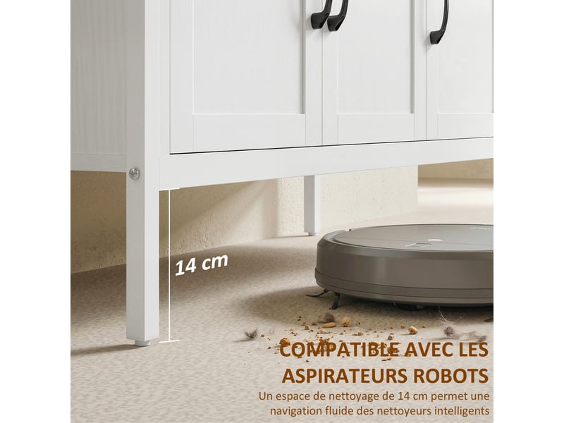  Buffet cuisine, meuble de rangement, 3 portes, 3 tiroirs, compartiment ouvert et étagères réglables, blanc, 95x35x88cm  - Conforama W