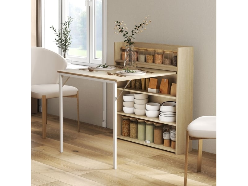  Table à manger pliante avec étagères, 91 x 78,5 x 93 cm, chêne clair  - Conforama D