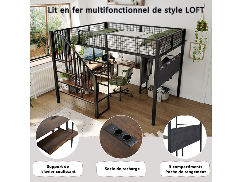  Lit mezzanine double 140×200 cm avec bureau d’angle, escalier et port de charge - okmyhome- sans matelas, noir vintage  - Conforama E