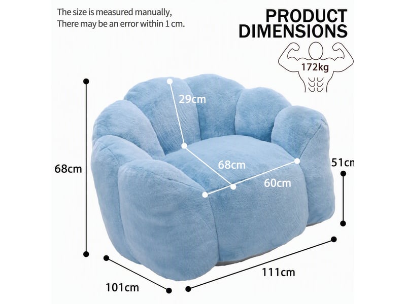  Fauteuil pouf lotus 1 place en tissu peluche bleu, siège adulte confortable, sans montage, pour salon  - Conforama C