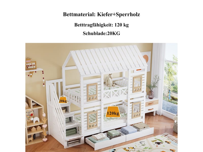  Lit superposé 90x200cm avec escalier rangement 4 casiers 2 tiroirs - lit double - bois massif blanc naturel fenêtres, sécurité en747  - Conforama D