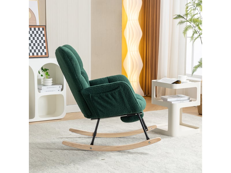 Fauteuil à bascule moderne avec rembourrage, revêtement en taffetas effet peluche et repose-pieds extensible, vert  - Conforama C