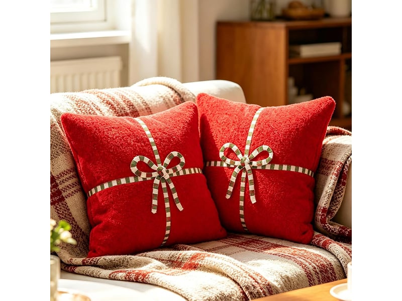 Lot de 2 housses de coussin noël 45 x 45 cm, blanc doux avec motif nœud cadeau, décoration canapé salon, rouge - Conforama A