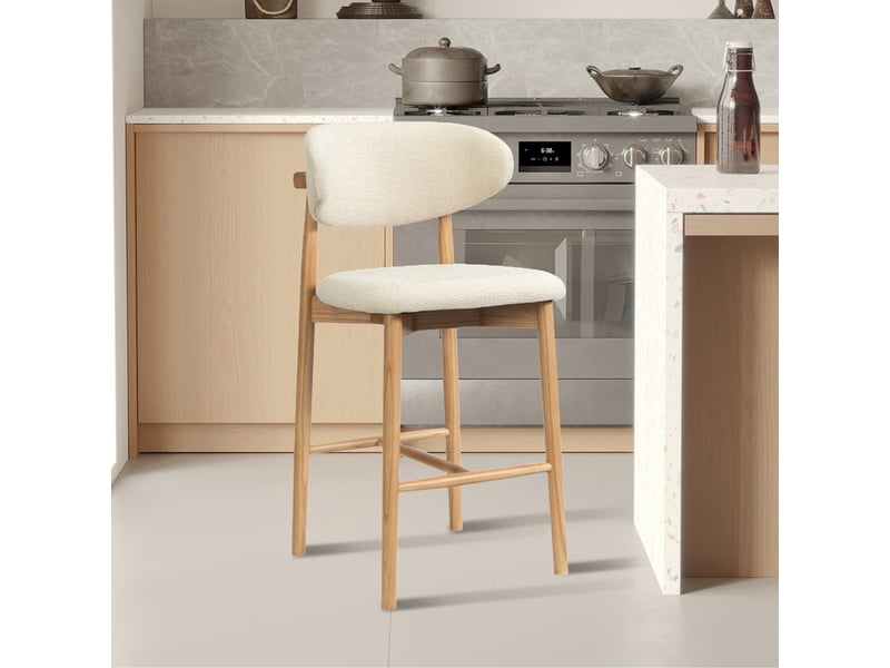  Tabouret en tissu bouclette beige pieds en chêne massif clair  - Conforama B