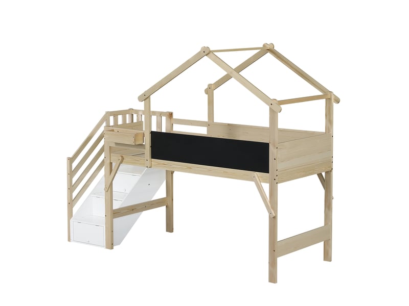 Lit superposé enfant 90x200 cm – blanc et naturel – toit cabane, escalier à 3 rangements, sans matelas - Conforama D