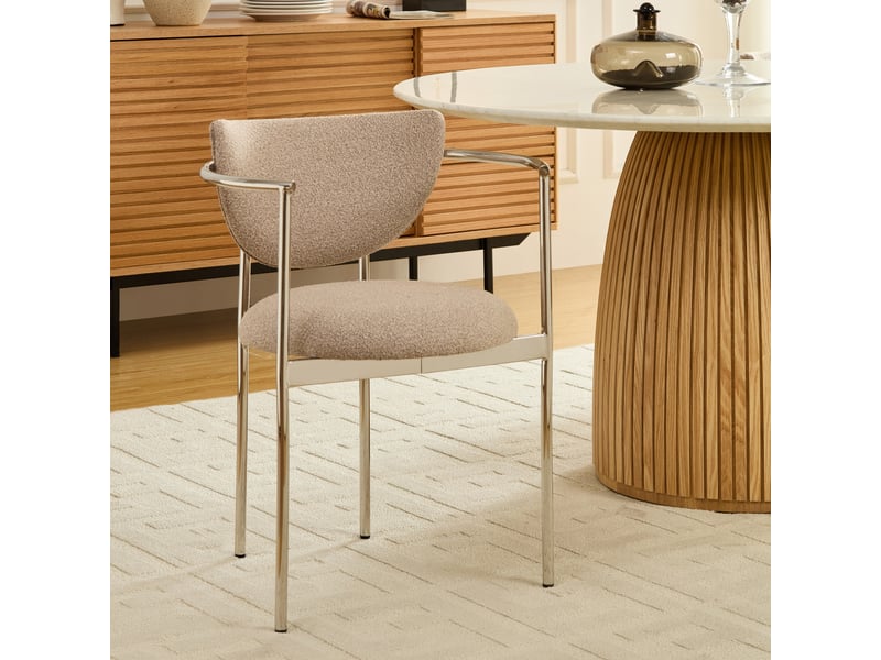  Fauteuil de salle à manger avec accoudoirs et dossier boucle  - structure en acier inoxydable, tissu beige kaki clair  - Conforama B