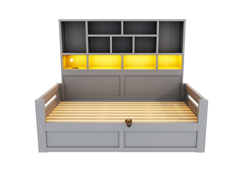 Canapé-lit en bois 90×200 cm avec rangement hydraulique, led et prise, gris - Conforama A
