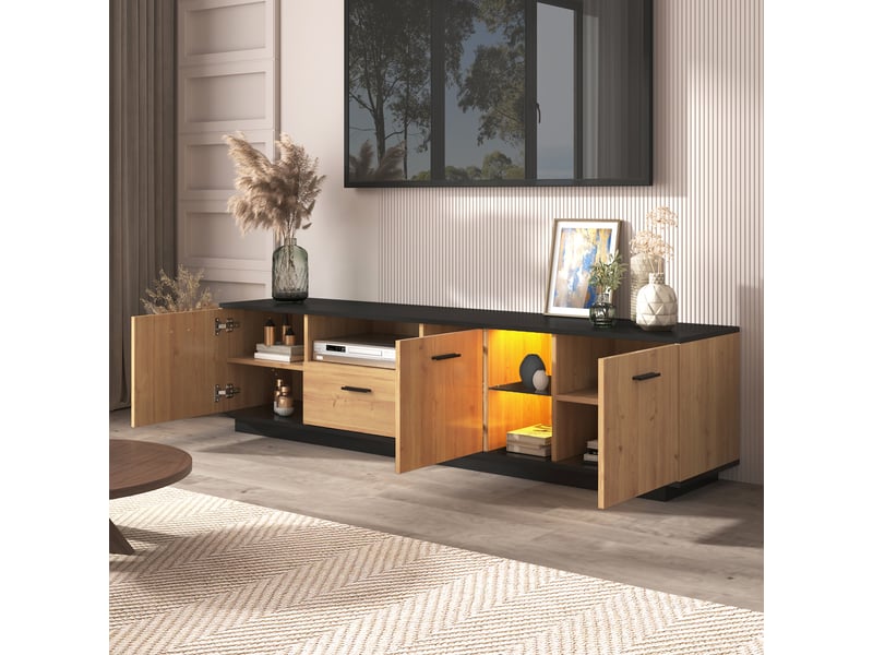  Meuble tv 180x37x45 cm avec 3 portes, 1 tiroir, 2 compartiments vitrés et 16 led multicolores, mdf, finition noir et bois  - Conforama W