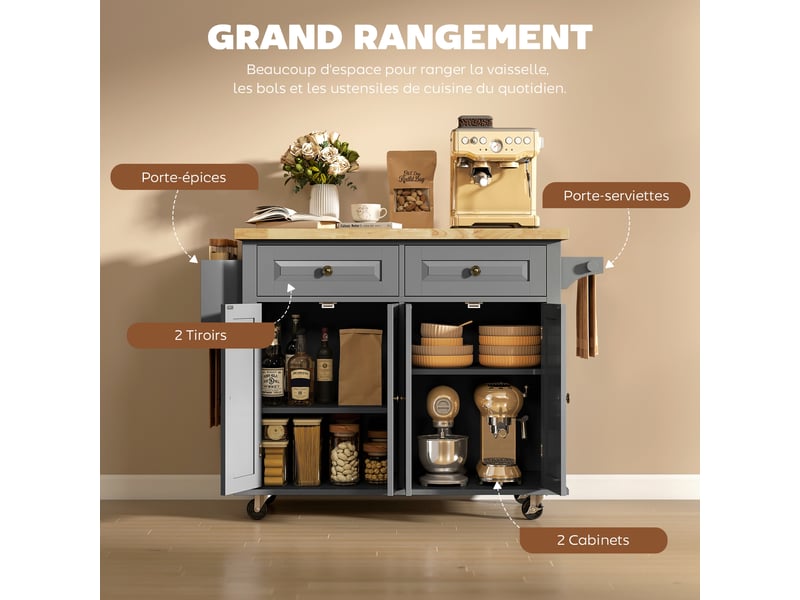  Desserte ilôt de cuisine multi rangements 2 tiroirs 2 placard 2 portes avec range-bouteille étagère  - Conforama R
