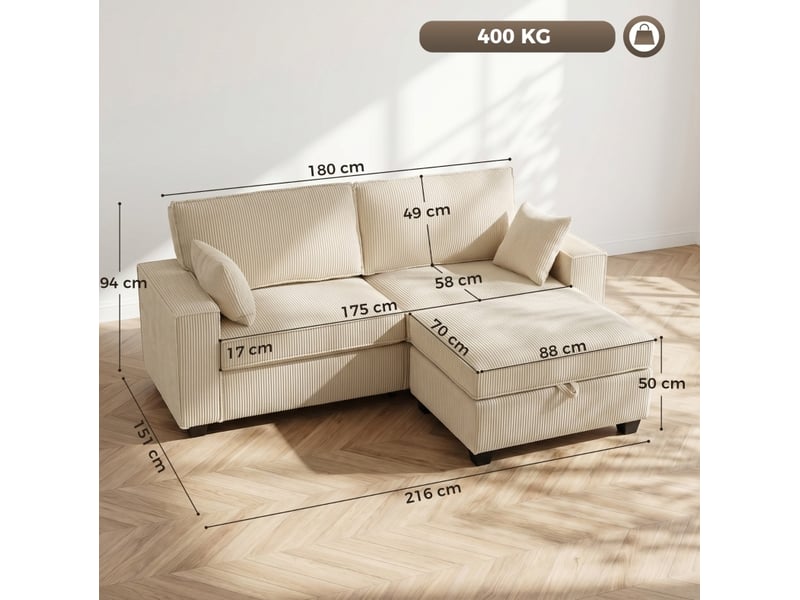  Canapé d'angle 3 places modulaire avec ottomane de rangement et poches latérales en velours côtelé beige  - Conforama C