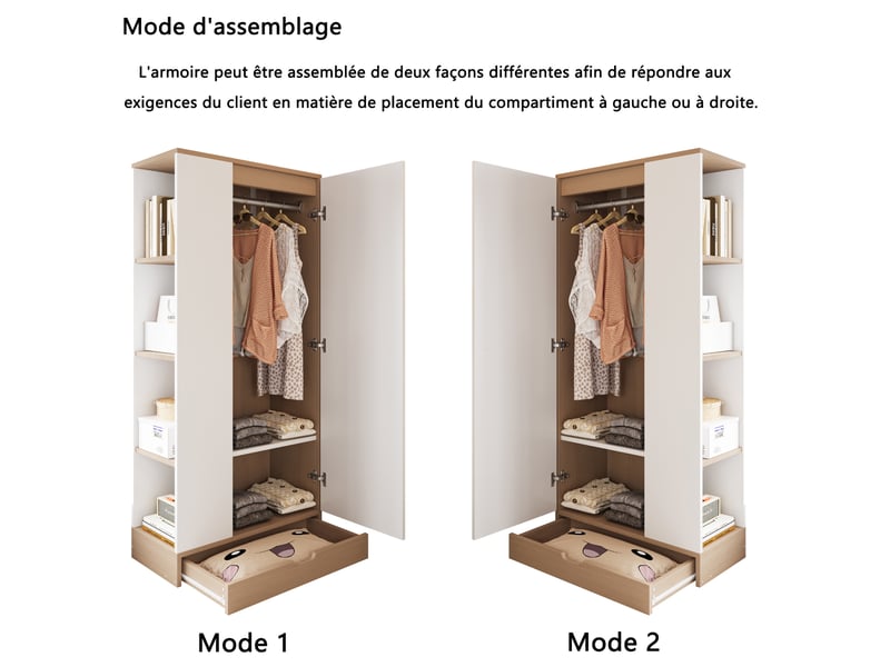  Armoire 1 porte avec étagères et tiroirs, rangement pour chambre ou bureau, en bois, blanc et naturel, 70 × 40 × 170 cm  - Conforama E