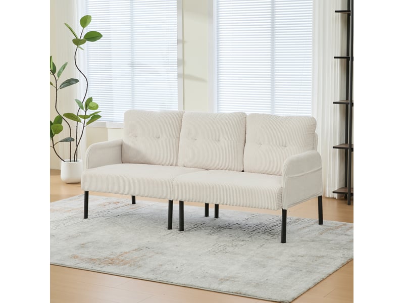  Canapé 3 places en velours côtelé beige avec poches latérales  - Conforama D