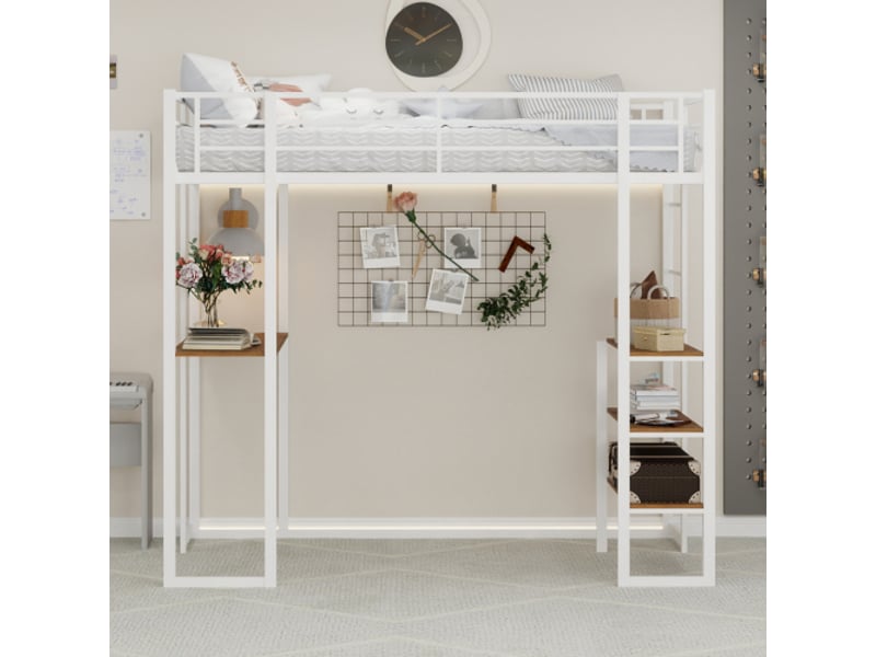  Lit mezzanine 90x190 cm, lit enfant avec bureau, étagères ouvertes, en métal blanc, sans matelas  - Conforama B