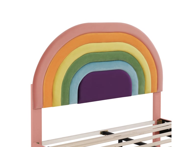  Lit enfant 140x200cm,lit double en velours avec tête de lit réglable,en forme d'arc-en-ciel,rose lit enfant rose - Conforama E