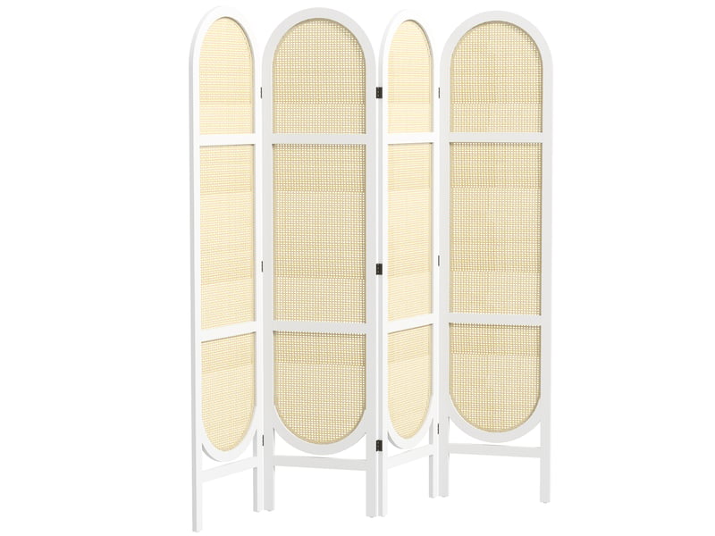  Paravent interieur en bois 4 panneaux 170 x 160 cm pliable et portable, blanc, motif tissé à la main  - Conforama B
