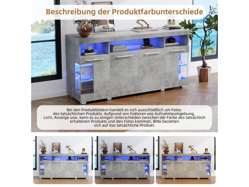  Buffet de salon gris effet béton avec éclairage led intégré, portes en verre trempé et rangement 140 x 40 x 70 cm  - Conforama R