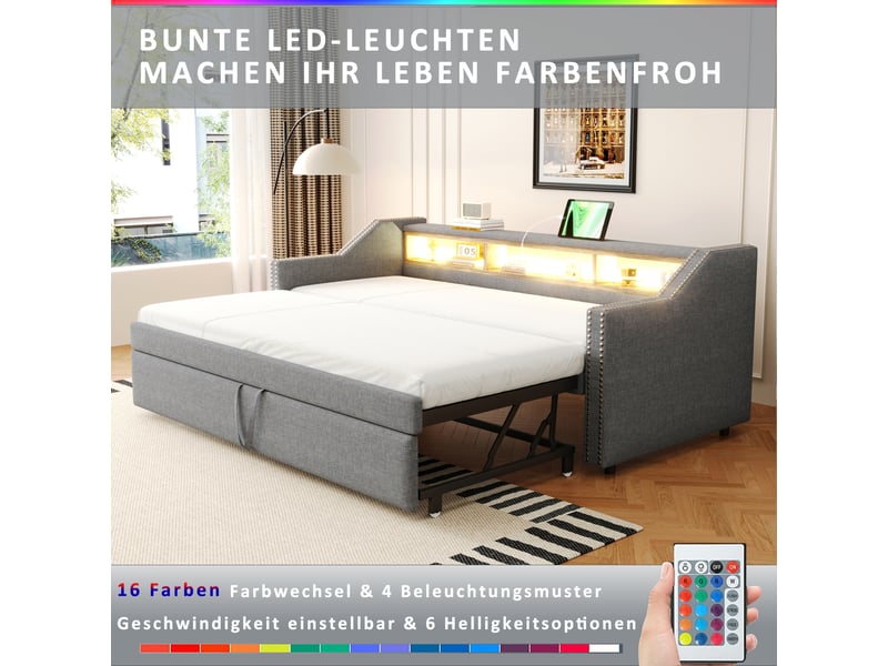  Lit banquette rembourré 90180 x 190 cm avec led, port usb et coffre, lattes incluses, finition gris clair pour chambre  - Conforama C
