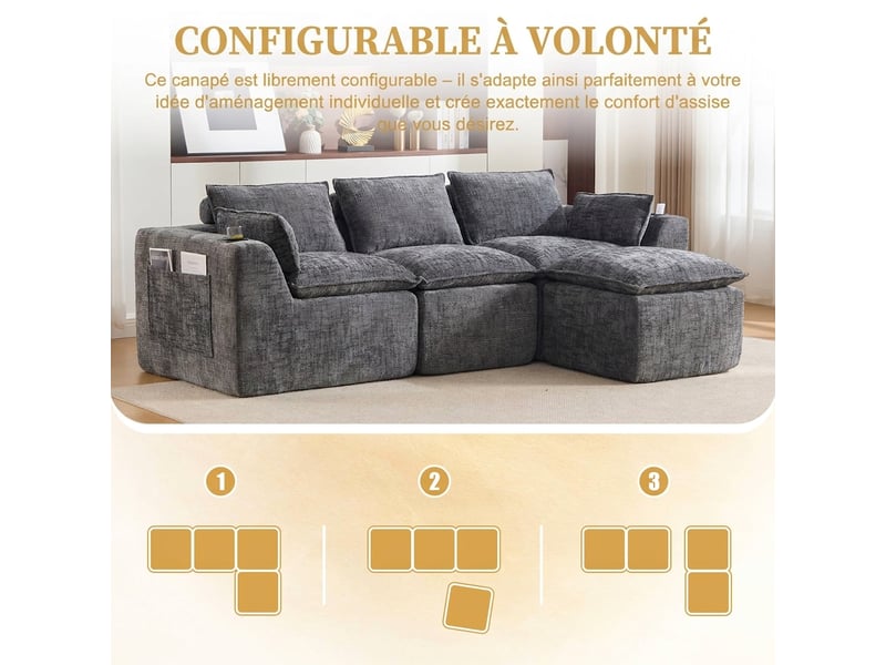  Canapé 3 places modulable gris foncé avec pouf - tissu chenille, porte-gobelet et poches  - Conforama E