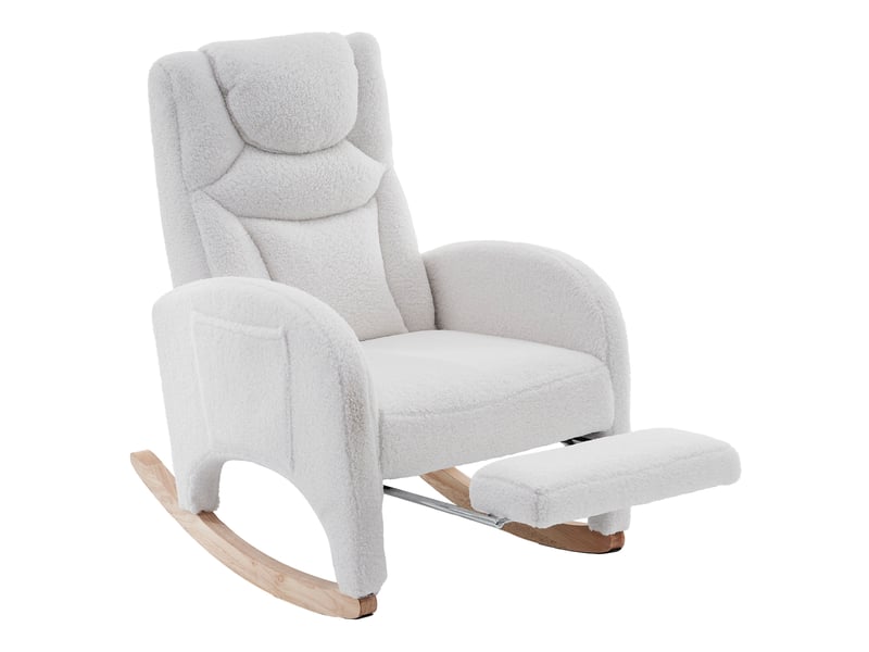  Chaise à bascule tissu teddy blanc, fauteuil relax avec accoudoirs et repose-pieds pliable, structure en bois, 66x125x101 cm, charge 110 kg  - Conforama A