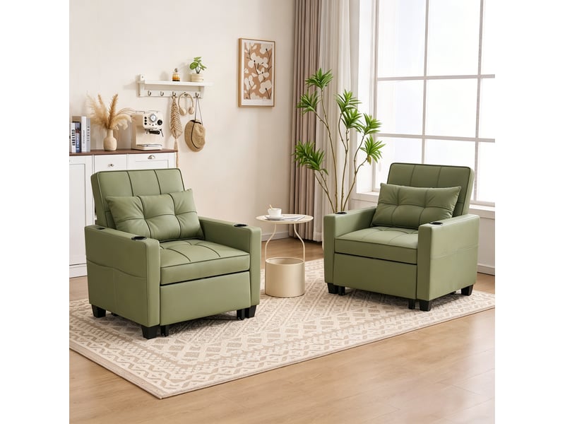  Fauteuil-lit 3-en-1 extensible avec dossier réglable, porte-gobelets et port usb en bois et métal vert avocat  - Conforama E