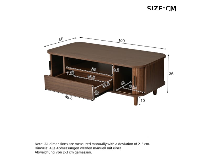  Table basse 100x50x35 cm noyer, 1 tiroir, 2 portes rideau, niche ouverte, pieds bois, mdf et panneaux, charge 30 kg  - Conforama D