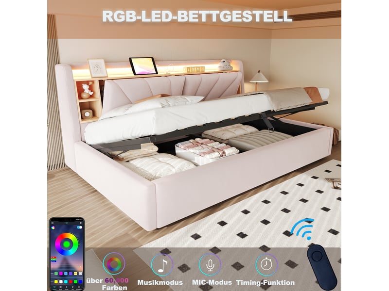  Lit coffre banquette 90x200 cm, rangement hydraulique, dossier avec led et usb, velours rose, sans matelas  - Conforama E