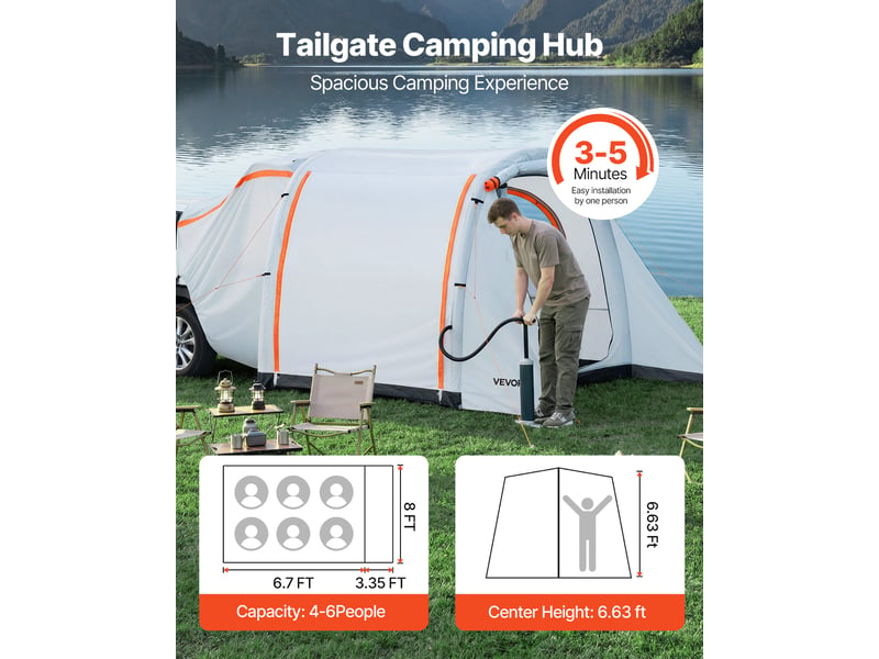  Vevor tente de hayon gonflable pour 4 a 6 personnes, tente arriere de voiture 2,44x2,04 m, pour camping randonnee suv fourgon, auvent de coffre double usage, impermeable pu2000 mm, pompe a air incluse  - Conforama B