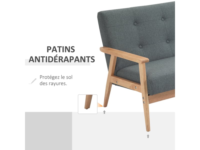  Canapé 2 places style scandinave avec accoudoirs, pieds en bois, gris, 115l x 66,5p x 73h cm  - Conforama R