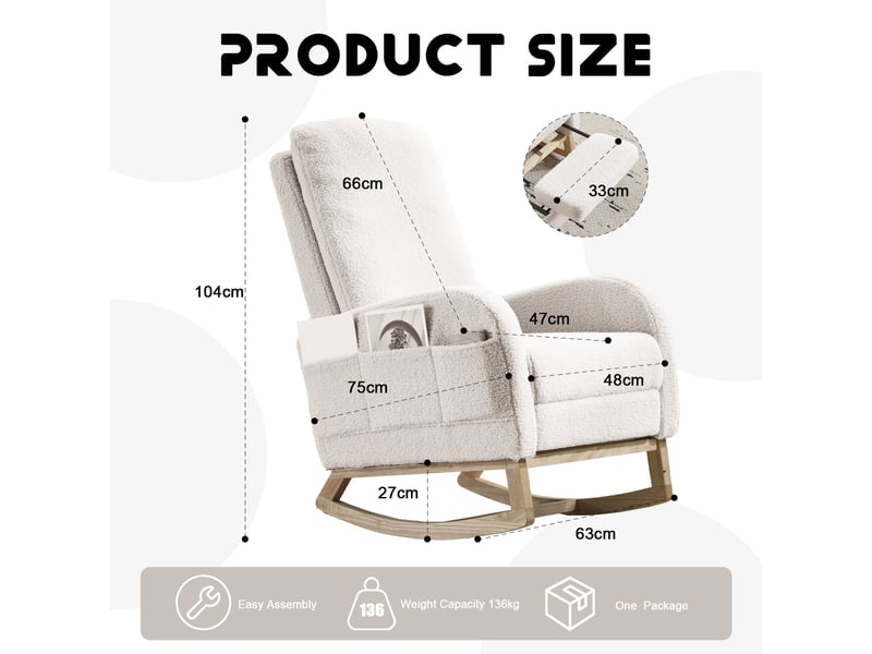 Fauteuil à bascule - 75x63x104 cm - chaise à bascule avec repose-pieds et poches latérales en tissu teddy - blanc - Conforama E