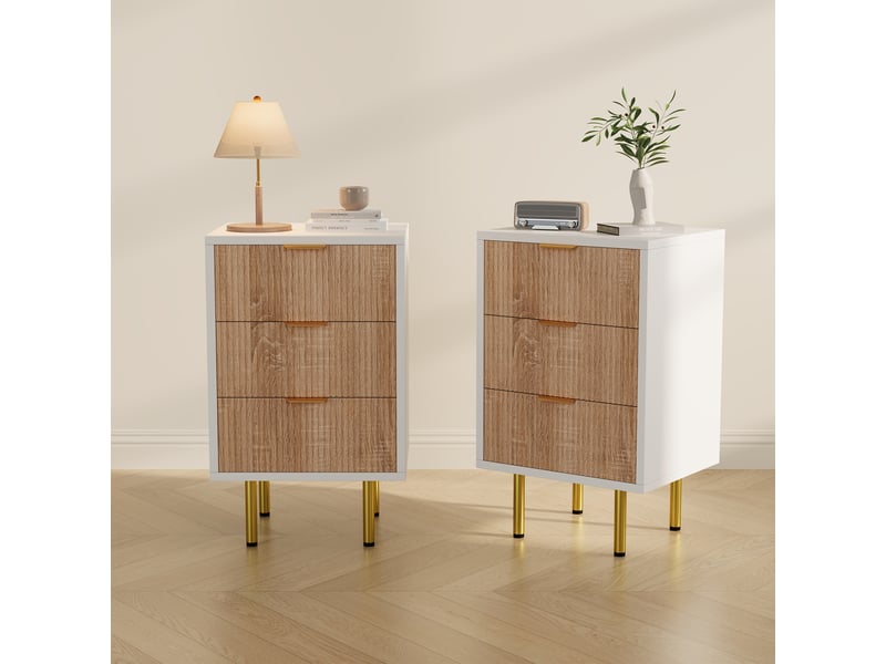  Lot de 2 tables de chevet 3 tiroirs, corps blanc façades aspect bois cannelé, poignées et pieds métalliques dorés, meuble de rangement pour chambre  - Conforama D