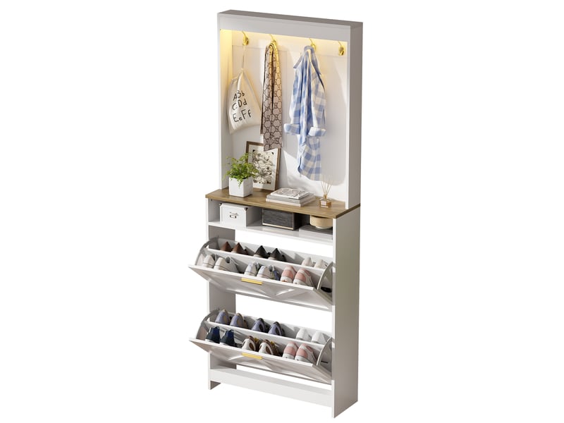  Meuble à chaussures 70x24x180 cm avec led et 2 abattants blanc et naturel  - Conforama A