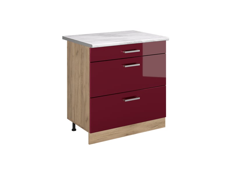  Vicco meuble cuisine, rouge brillantchêne doré, 80cm avec 3 tiroirs plan de travail marbre  - Conforama A