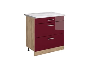 Vicco meuble cuisine, rouge brillantchêne doré, 80cm avec 3 tiroirs plan de travail marbre