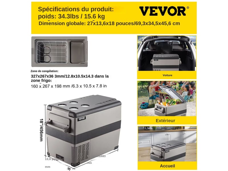  Glaciere electrique a compresseur 45l, 1224v et 100-240v, -20 a 20 c, pour voiture, camping-car et voyage  - Conforama B