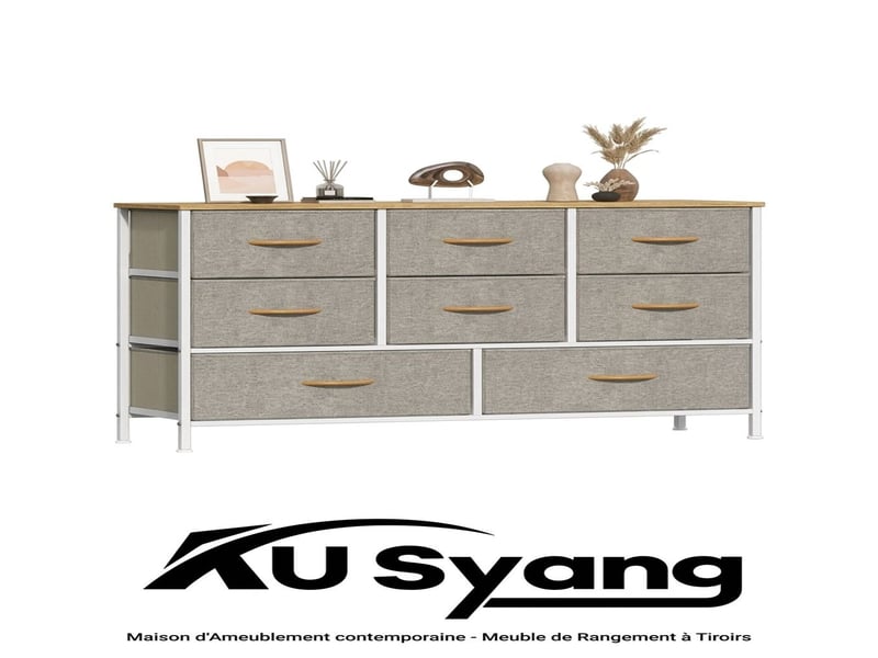 Chiffonnier meuble 100x30x76 cm huit tiroirs tissu kaki et metal blanc chambre - Conforama A