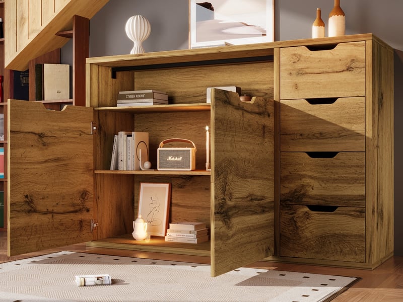 Buffet effet chêne avec étagères ouvertes, 2 portes et 4 tiroirs, doté d'étagères réglables, adapté aux salons et aux couloirs - Conforama B