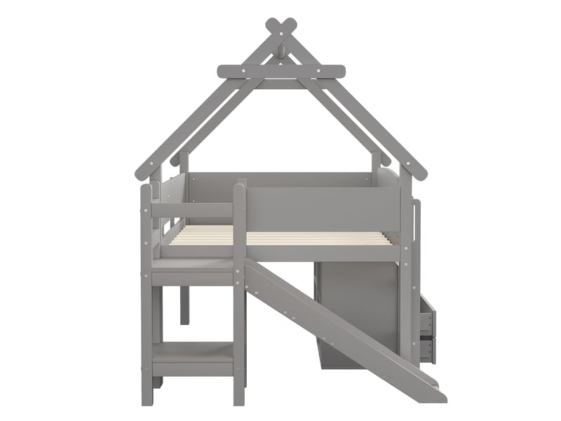  Lit mezzanine enfant bois massif gris 90x200 cm, toit, toboggan, tiroirs et espace de jeu  - Conforama E