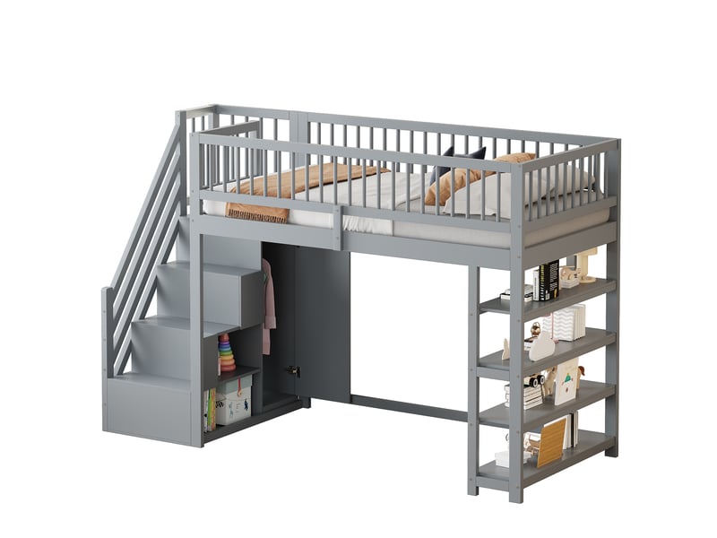  Lit mezzanine 90x200 cm rangement bois gris sans matelas  - Conforama A