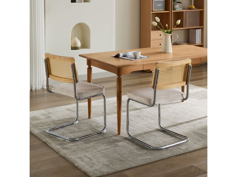  Lot de 2 chaises de salle à manger - 59x47x81cm - chaises porte-à-faux design breuer en rotin et assise velours - beige  - Conforama D